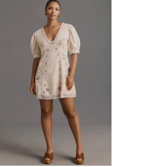 By Anthropologie Linen Blend Puff-Sleeve V-Neck Mini Dress 14 new nwt - Picture 1 of 7